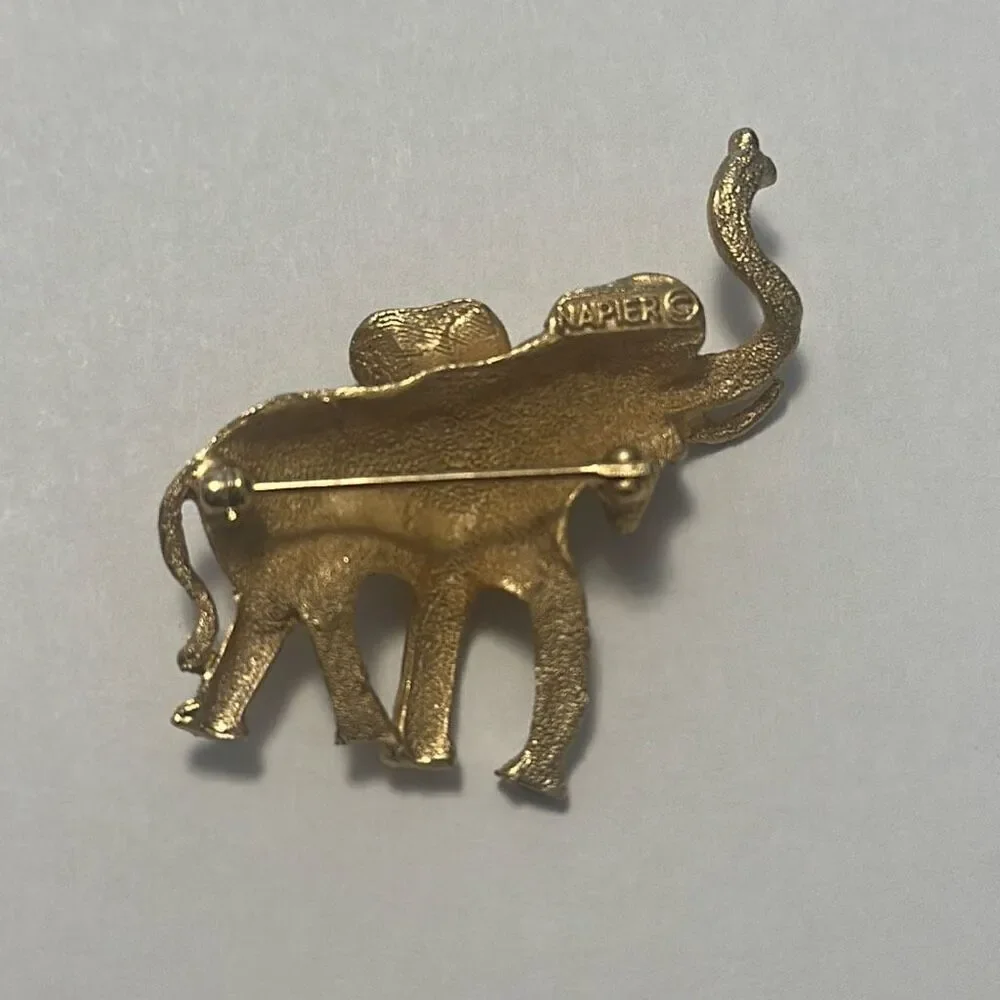 Vintage Napier Good Luck Elephant Brooch Pin Gold Tone Rhinestone